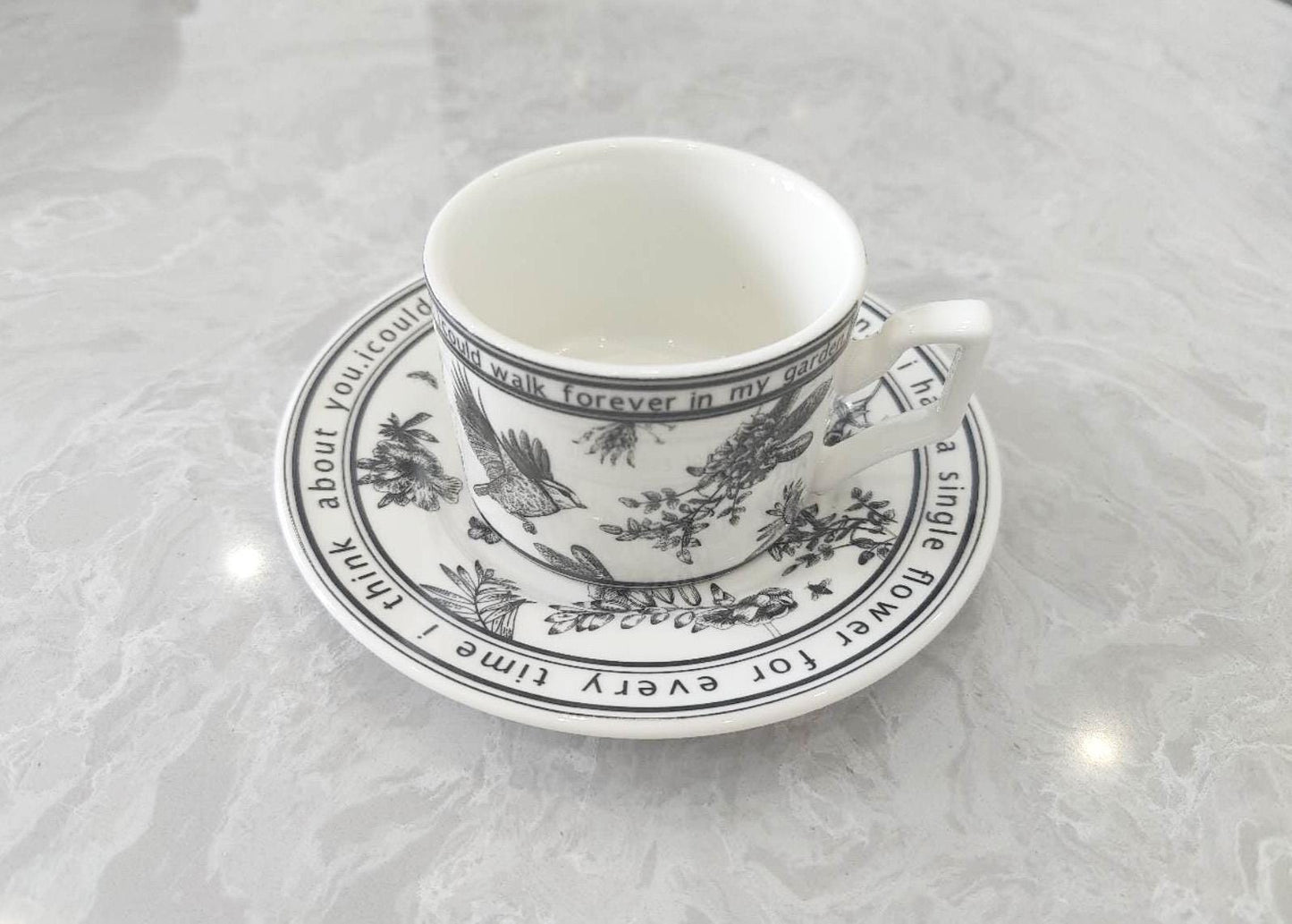 Elegantes Tassenset mit Vogelmotiv und Tuschemalerei – Vintage-Tee- und Kaffeetasse | Trinkgeschirr | Blumentasse | Valentinstagsgeschenk | Nachmittagsteetasse | Vintage-Tasse