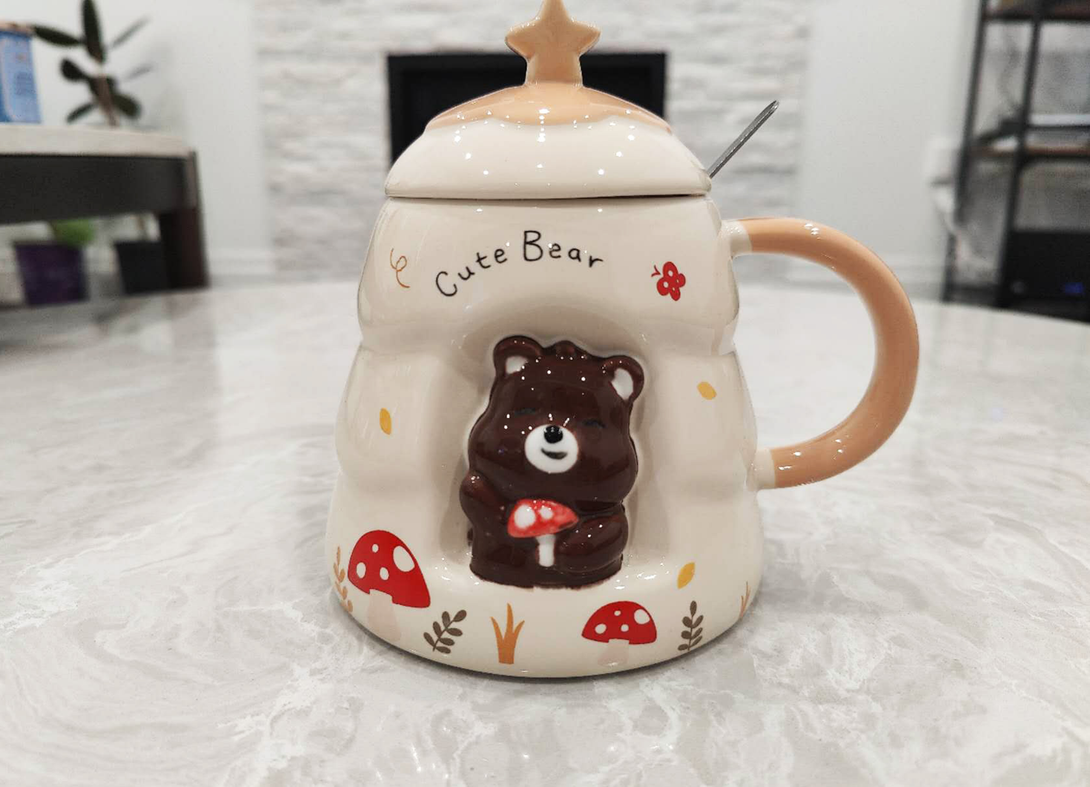 3D Cartoon Bear Coffee Mug with Lid & Spoon
