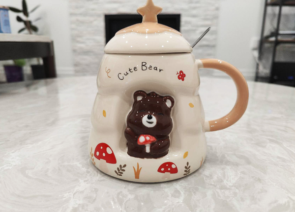 3D Cartoon Bear Coffee Mug with Lid & Spoon
