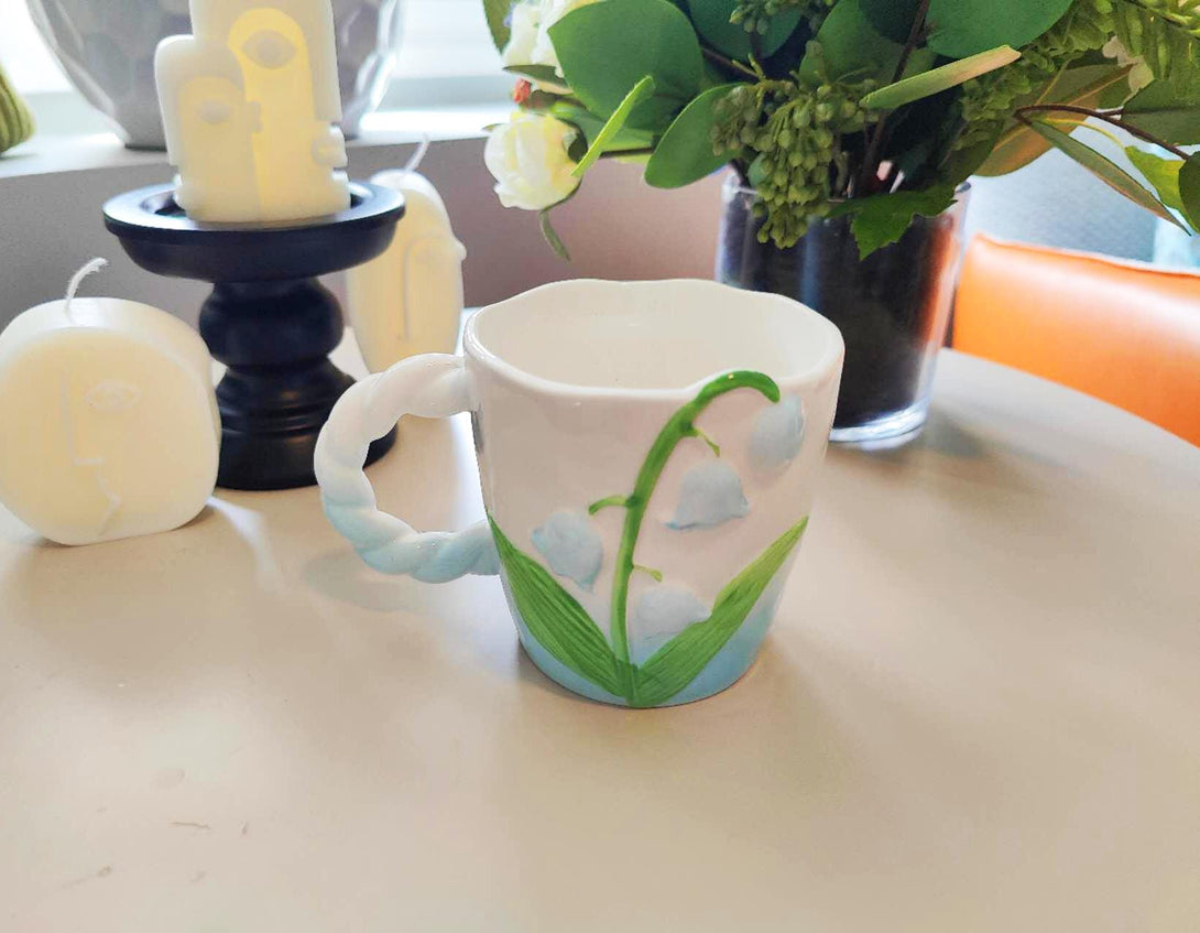 3D Embossed Lily Mug Front view Blue