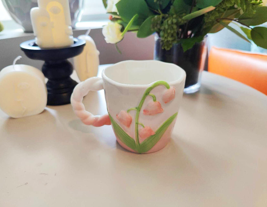 3D Embossed Lily Mug Front view Pink