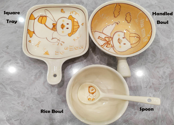 Adorable Yellow Duck Bowl Set - Handled Bowl &Square Tray & Rice Bowl & Spoon