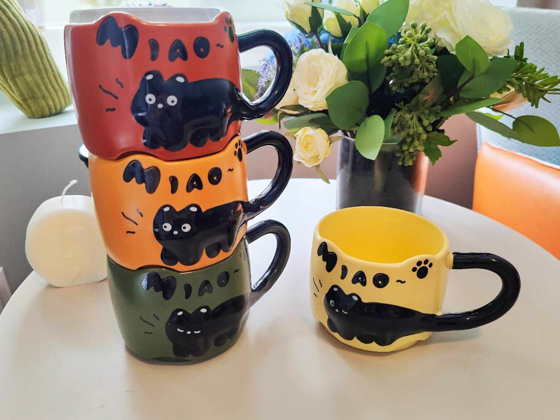 Black Cat Embossed Ceramic Mug Front view