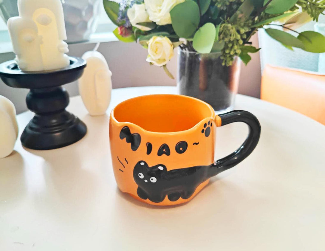 Black Cat Embossed Ceramic Mug Orange