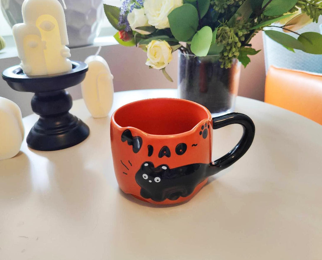 Black Cat Embossed Ceramic Mug Red
