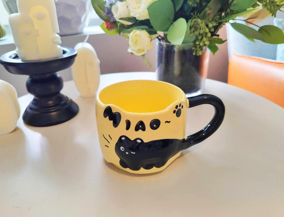 Black Cat Embossed Ceramic Mug Yellow