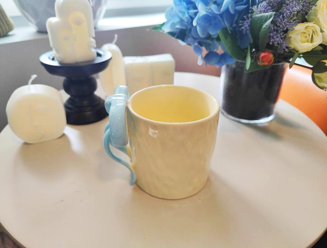 Blue Bow Handle Ceramic Mug Side view