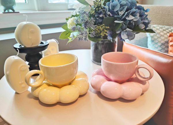 Cloud Coffee Cup & Saucer Set | Sunflower Ceramic Mug with sunflower shaped saucer - Pink & Yellow