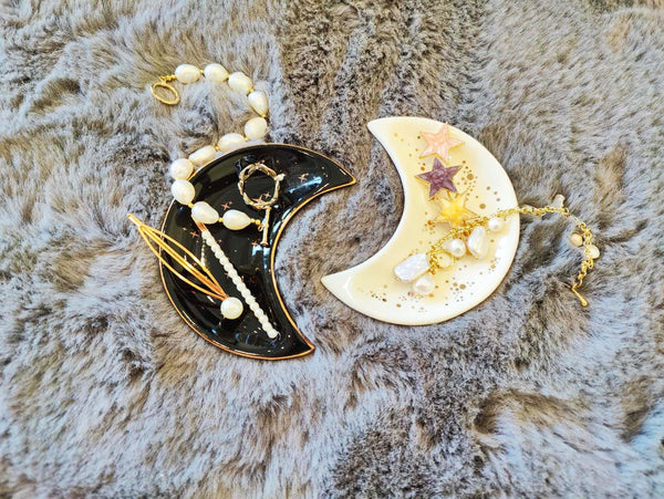 Crescent Moon Ceramic Jewelry Tray Black and White