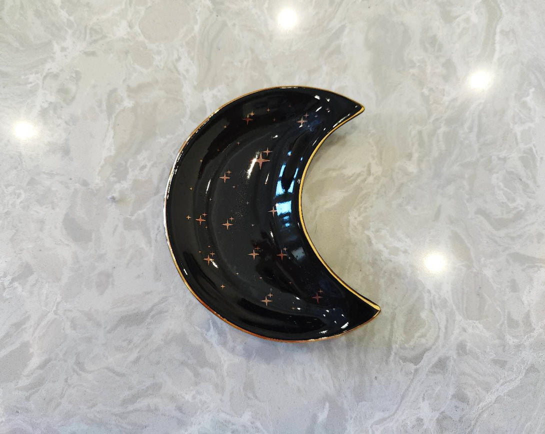 Crescent Moon Ceramic Jewelry Tray Black top view