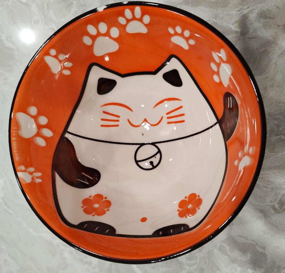 Lucky Cat Bowl Maneki-Neko Orange