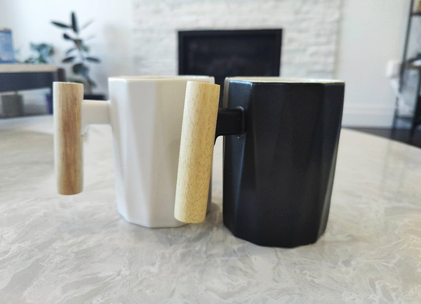 Minimalist Ceramic Mug with Wooden Handle - Black & White