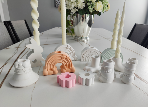 Rainbow & Snowman Concrete Taper Candlestick Holder for Christmas