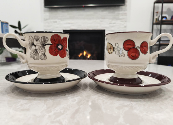 Vintage Ceramic Coffee Cup Set with flower pattern， black & brown saucer plate