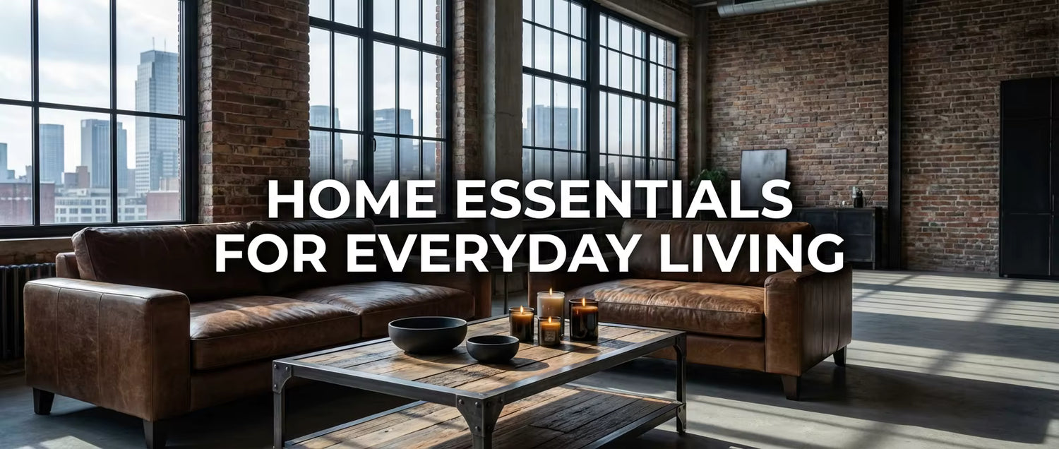 Modern living room with brown leather sofa, coffee table, and large windows overlooking a cityscape.